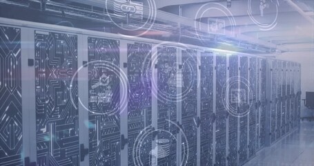 Animation of digital icons, light spot and microprocessor connections against computer server room - Powered by Adobe