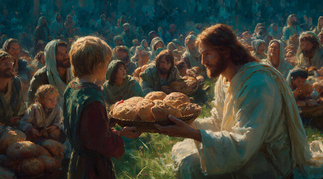 Biblical lad helping Jesus by providing five barley loaves and two small fish. Miracle of the feeding of the five thousand with the crowd seated on the grass background.