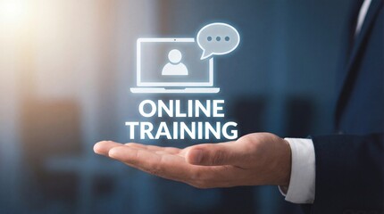 Businessman presenting online training concept with digital interface on hand in modern office