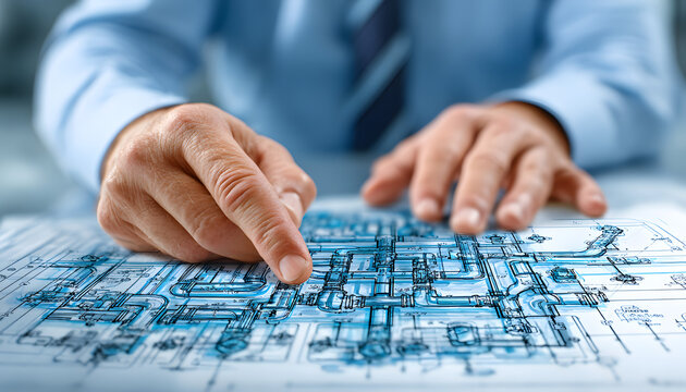 Finger points to HVAC duct system detail on architectural floor plan blueprint. Engineer reviews building ventilation layout. Planning HVAC installation in residential or commercial structure.