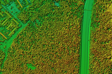 gis 3d. The road in the forest area is shown on a 3D map made by a quadcopter. High quality photo
