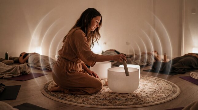 Sound Bath: A yoga teacher playing crystal singing bowls, vibration ripples, spiritual wellness.
