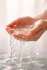 Fototapeta premium Human hands holding clear flowing water over a calm surface, symbolizing cleanliness, purity, and natural hydration.