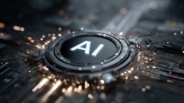 Close-up of an ai chip with the letters AI written on it, surrounded by light effects and circuitry in dark gray tones. - Powered by Adobe