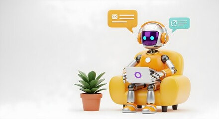 Naklejka premium A robot sits on a yellow couch holding a tablet with speech bubbles above, next to a potted plant on a white background.