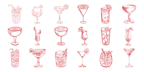 Hand-Drawn Collection of Assorted Cocktails and Drinks in Red Style © Sultana