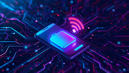 Neon blue battery icon and Wi Fi signal on a mobile phone surrounded by glowing purple digital circuitry