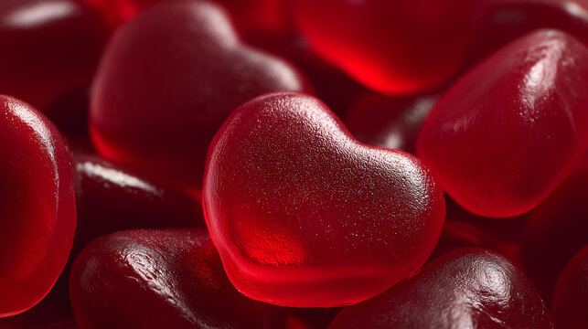 Close-up of red heart-shaped gummy candies, valentine's day theme.