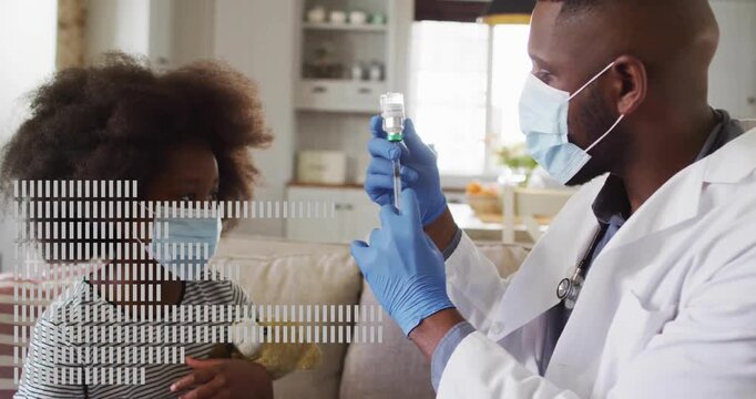 Male doctor drawing COVID-19 vaccine for girl patient holding teddy bear, with animated virus icon