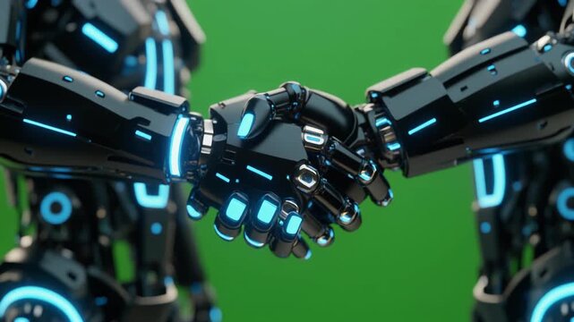 Two humanoid robots shaking hands with glowing blue accents on green tech background