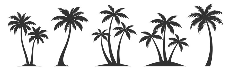 Naklejka premium Tropical palm tree silhouette set, beach summer nature vector illustration, coconut island paradise vacation travel resort on transparent background