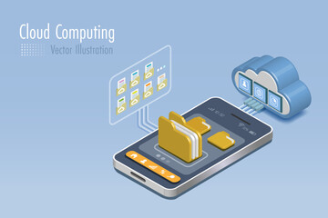 Cloud computing data storage networking. Digital folders and files on smartphone with secure connecting. Vector.	