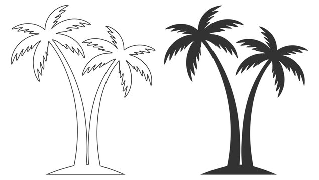 Palm tree silhouettes, tropical beach summer nature vector illustration set, coconut tropics coastal landscape outdoor greenery foliage on transparent background