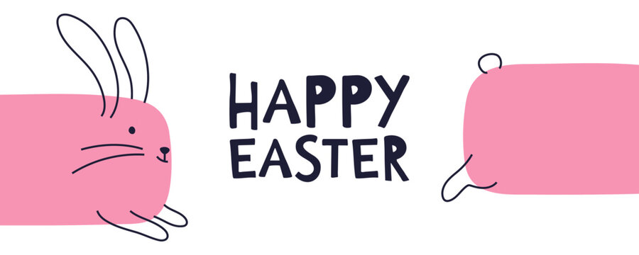 Funny Long Pink Bunny Happy Easter Banner minimalist