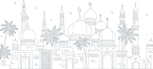 Islamic mosque cityscape line illustration with domes minarets palm trees and traditional Middle Eastern architectural skyline © MstKhyrun