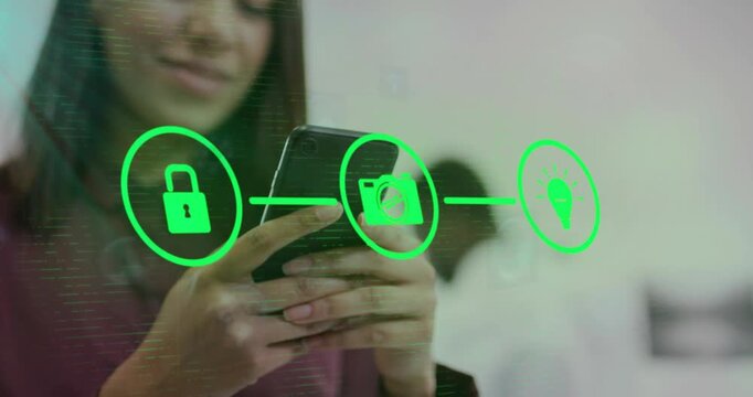 woman tapping smartphone unlocking green padlock and highlighting folder and idea icons in tech hub