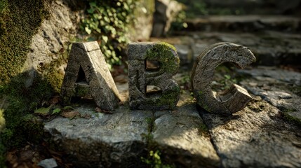 Rock alphabet A, B and C with mossy textures on a natural stone trail