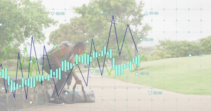 Leaning forward man unzipping duffel beside wall preparing for run with animated financial charts