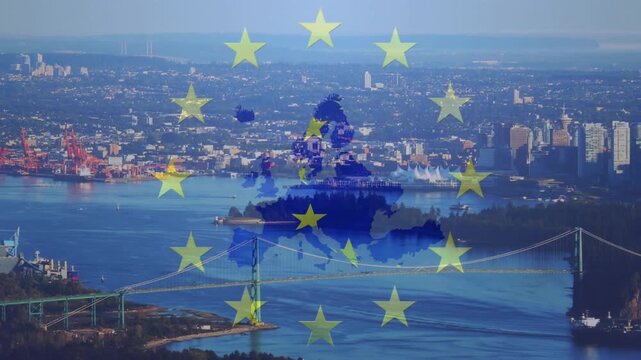 On reveal blue continent appearing above bridge, stars forming ring, ship moving, symbolizing union
