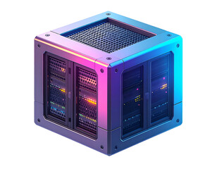 Futuristic server cube, glowing with digital neon light, on black