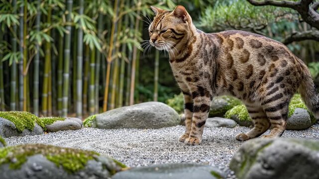 A patterned cat drinks water from a gravel area with moss covered rocks and tall bamboo stalks in the background during daylight.