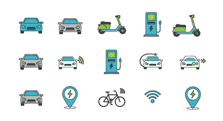 Colorful line art icon set for electric vehicles scooters and charging stations. © Kris