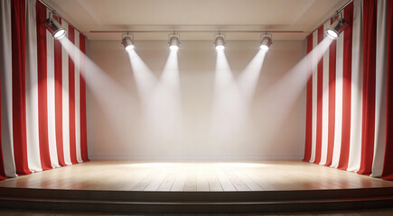 empty 3d room background template of a theater stage spotlights and red and white curtains