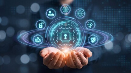 Hands holding glowing digital padlock with security icons floating above representing cybersecurity and data protection