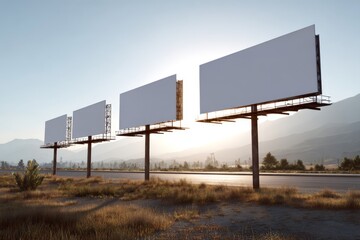 Obraz premium Perspective view of several blank white billboards standing along a highway at sunset, outdoor advertising mockups
