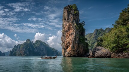 Obraz premium Scenic limestone island in Phang Nga Bay with a small wooden boat under a blue sky