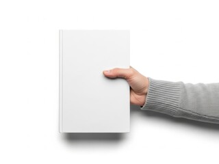 Hand holding a blank white book