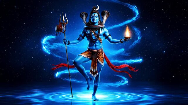 Lord Shiva Cosmic Dance Animation with Trident Sacred Fire Serpent and Flowing Divine Energy in Celestial Space