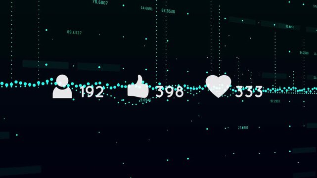 Animation of media icons and data processing on black background