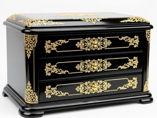 Elegant black wooden chest with ornate gold decorations