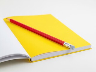 A red pencil resting on a yellow notebook