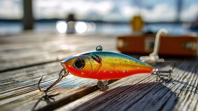 Shallow depth of field photo of a lure beside fishing line on a lakeside dock