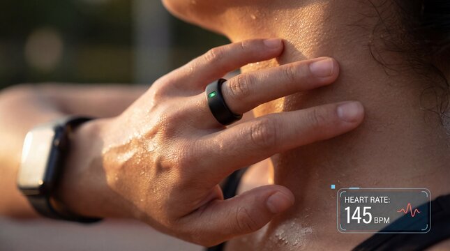 Smart Ring: Close-up of a hand wearing a smart ring checking a pulse on the neck, sweaty skin texture, health tracking.
