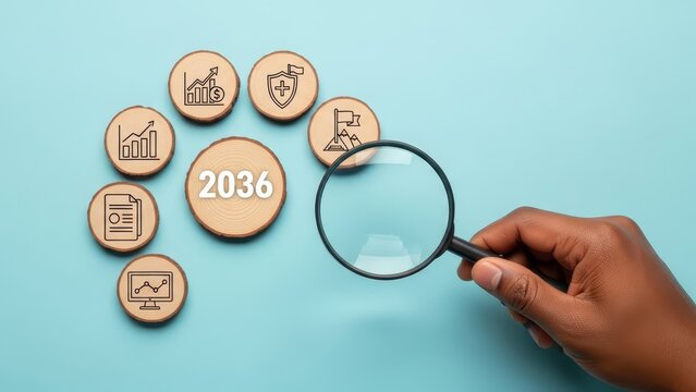 Hand holds a magnifying glass over a wooden disc showing the year 2036, surrounded by other business-related icons.
