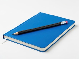 Blue notebook with black pencil and pink eraser