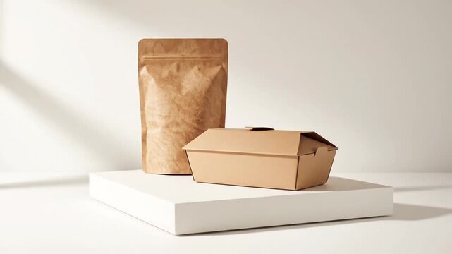 Eco-friendly kraft paper packaging, coffee bag, and takeaway box on a white studio platform