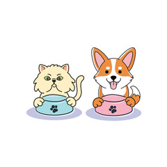  Cute Cartoon Cat and Dog Sitting with Pet Food Bowls Representing Companionship and Care