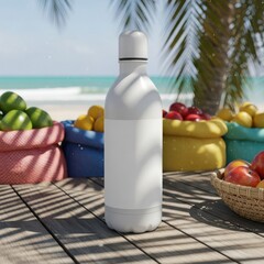 White water bottle mockup on tropical beach with fresh fruits and ocean view