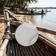 Tennis ball resting on wooden boat mockup deck near calm water with people rowing