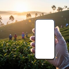 Person holding smartphone mockup in sunlit tea plantation with workers harvesting
