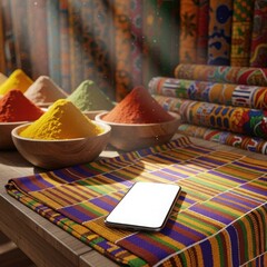 Modern mockup mobile colorful spice powders in bowls on patterned tablecloth with notepad