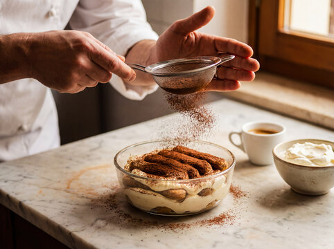 Chef preparing traditional tiramisu dessert with coffee and cocoa lifestyle cooking italian food background copy space authentic kitchen pastry