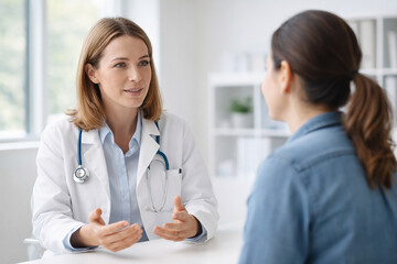 M&eacute;decin g&eacute;n&eacute;raliste en consultation avec une patiente attentive