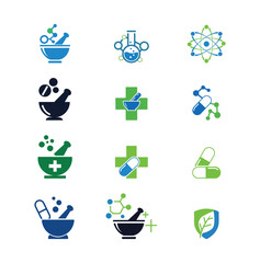 Grid of Twelve Icons Representing Pharmacy, Medicine, and Scientific Research