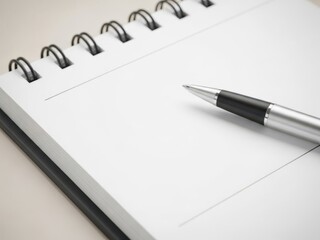 A blank spiral notebook with a pen resting on its page