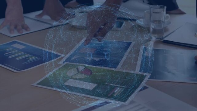 Animation of network of connections over hands of diverse businesspeople working
